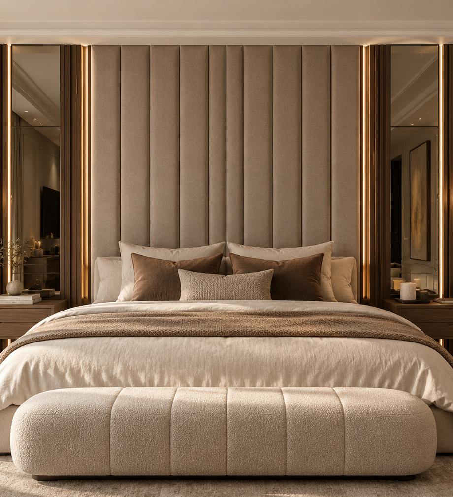 Close view of upholstered bedroom headboard with fluted walnut accents and vertical illuminated mirrors