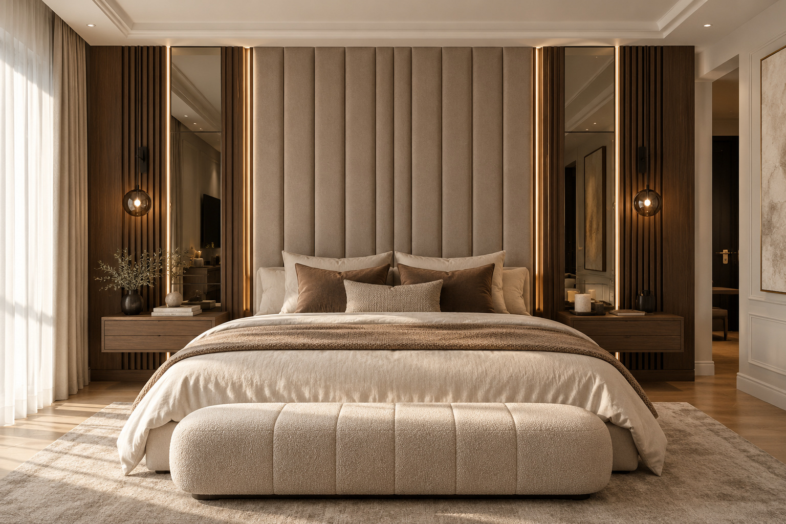 Deep brown upholstered headboard panels and subtle lighting