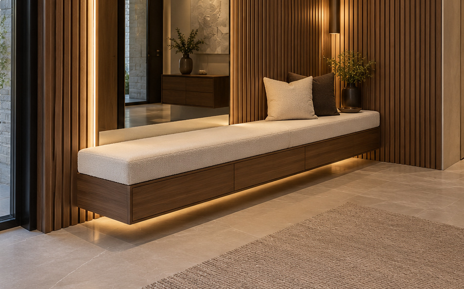 Custom built-in upholstered entryway bench against vertical walnut feature panels