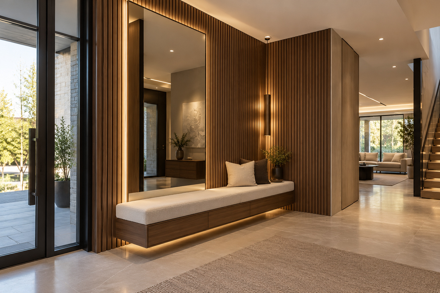 Luxury foyer with full-height walnut slat walls, oversized backlit mirror and built-in upholstered bench