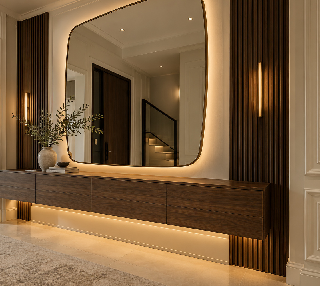 Illuminated statement mirror above a modern floating walnut console with feature wall panelling