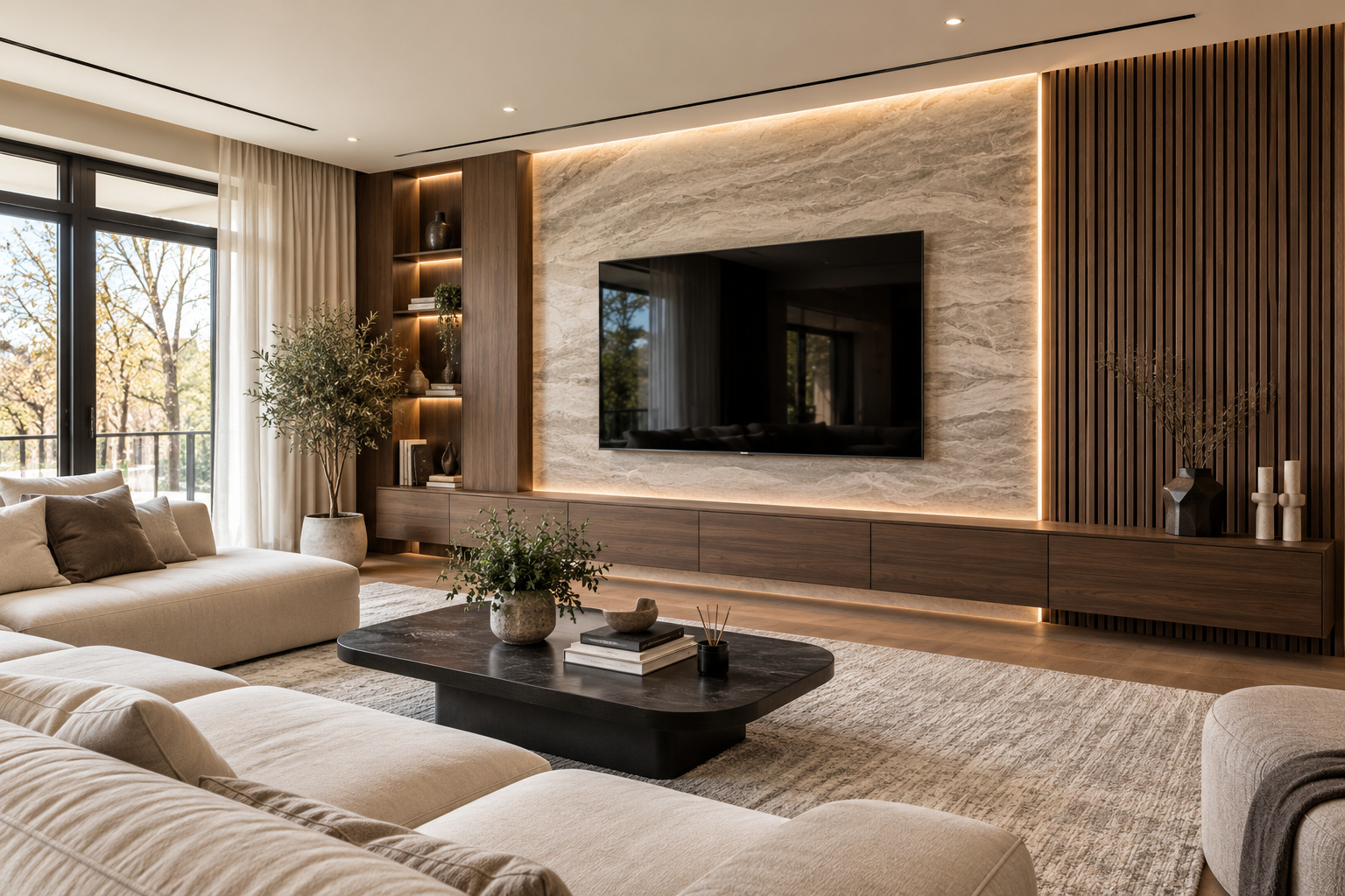 Modern living room feature wall combining vertical wood slats with warm integrated lighting and floating storage