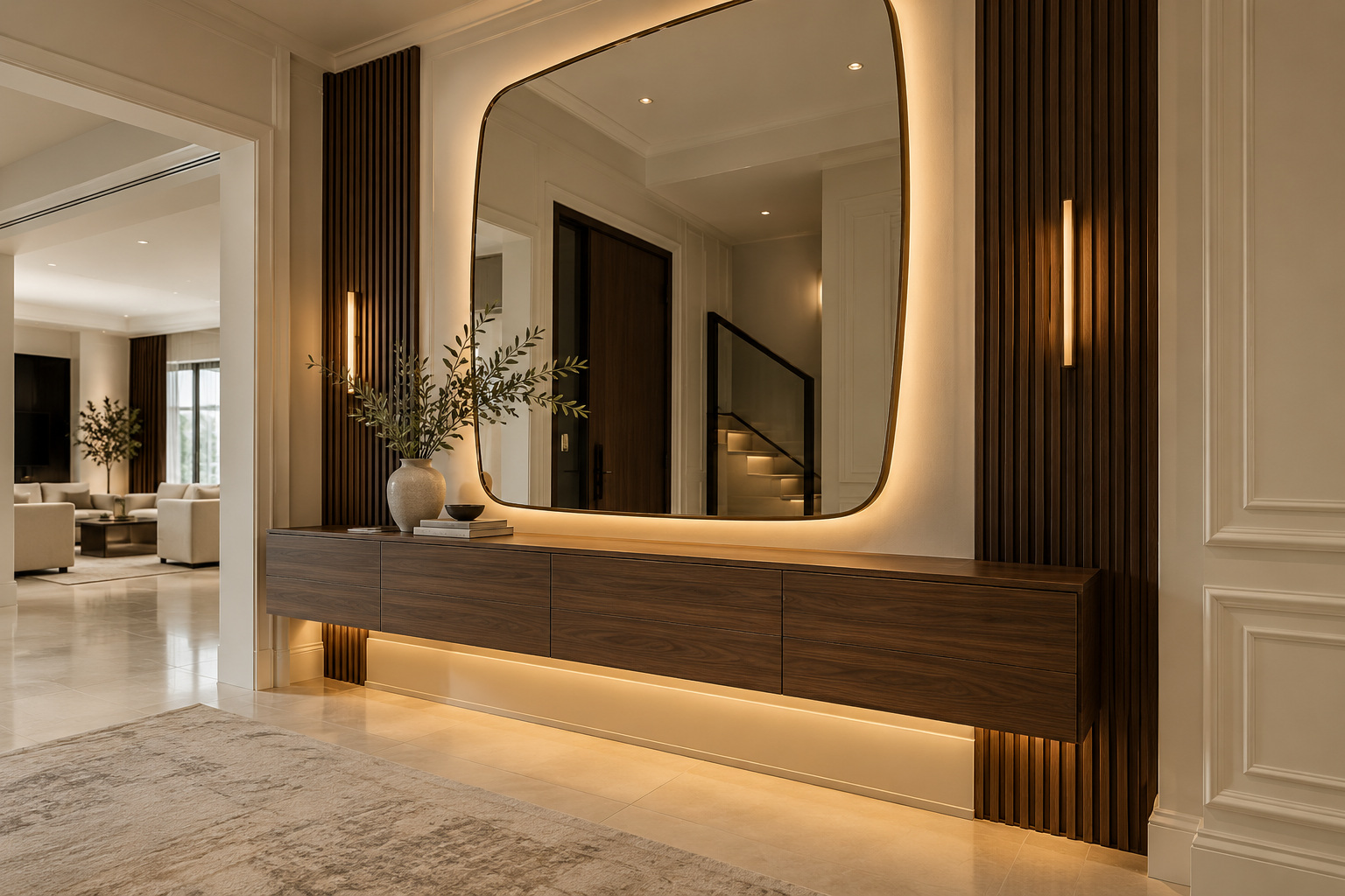 Illuminated organic-shaped mirror above a custom floating walnut console in a luxurious foyer