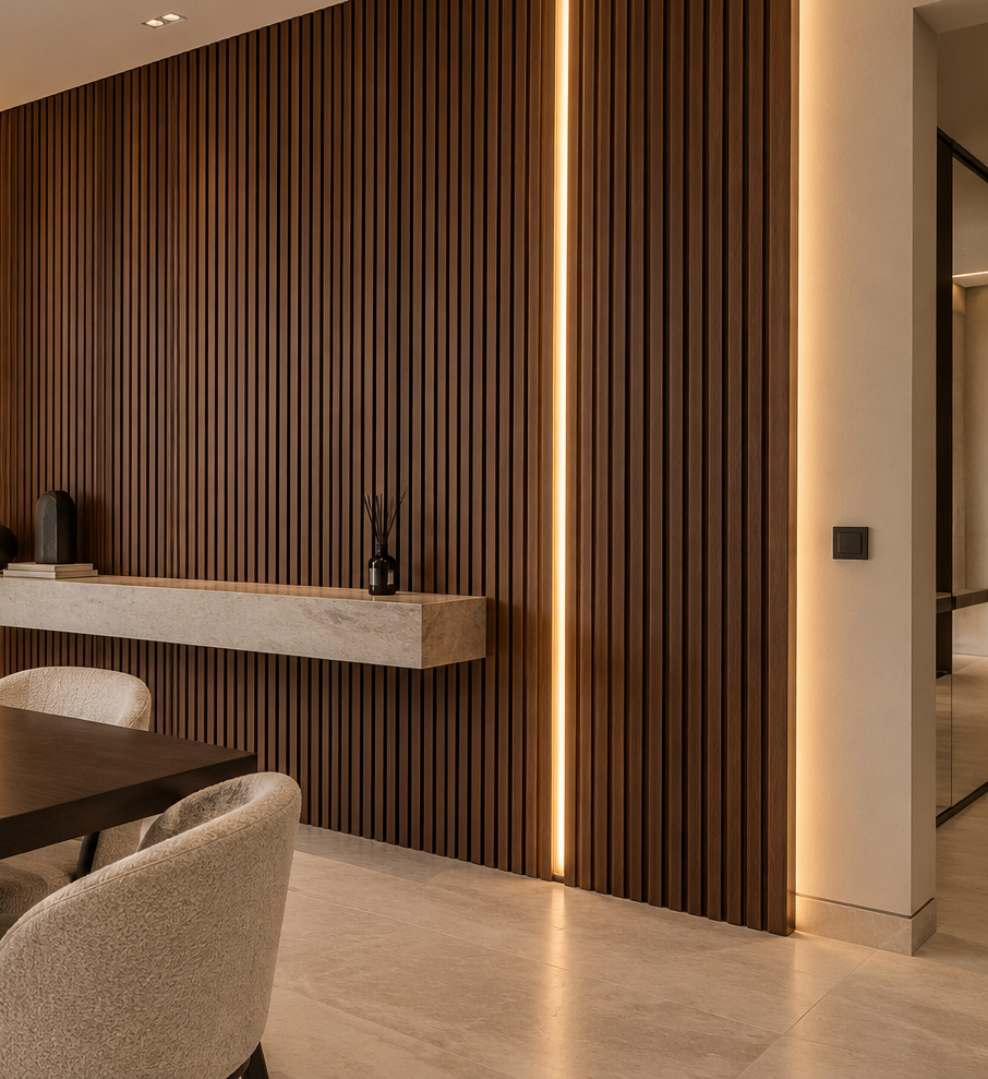 Close view of dark walnut fluted wall panels with integrated vertical LED strips
