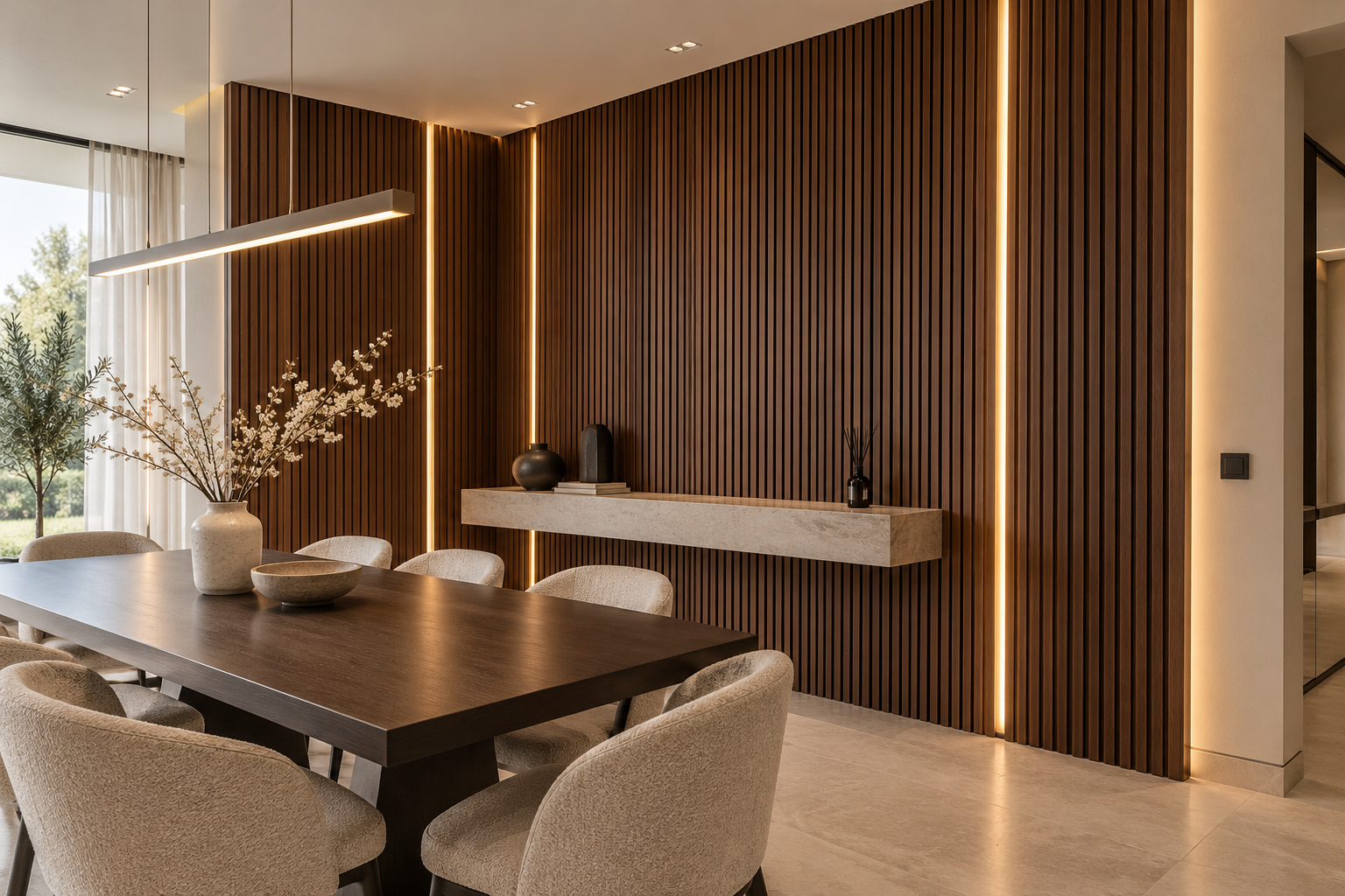 Modern dining room with full-height dark walnut fluted wall panelling and integrated LED lighting