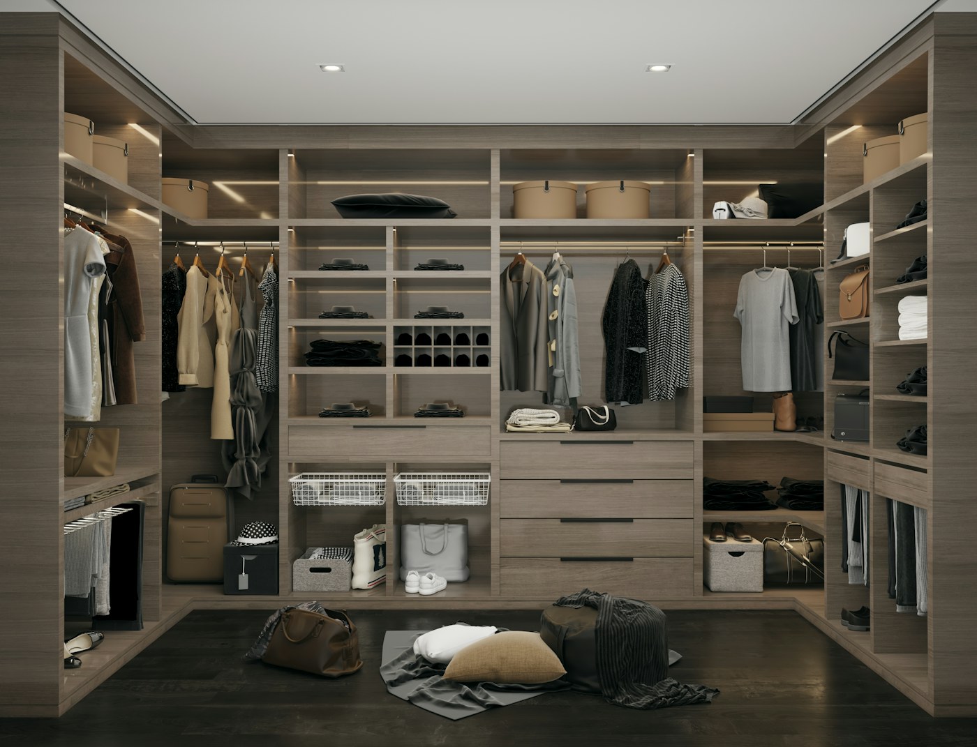 Tailored walk-in closet with integrated lighting and organized storage