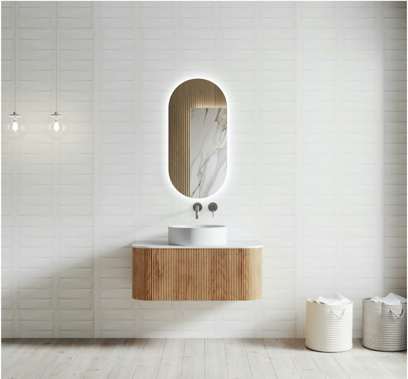 Minimal floating vanity with fluted wood cabinetry and illuminated mirror
